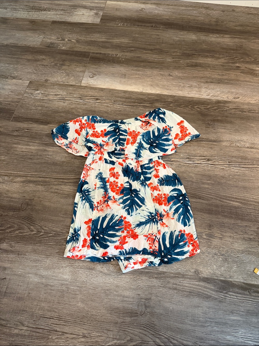 La Vie En Rose White Off-Shoulder Floral Romper with Blue and Coral Print